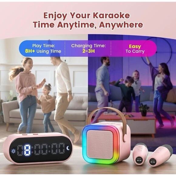 Mini Karaoke Machine for Kids 3+ Years Bluetooth Speaker with 2 Mics Pink Gifts - Picture 9 of 11